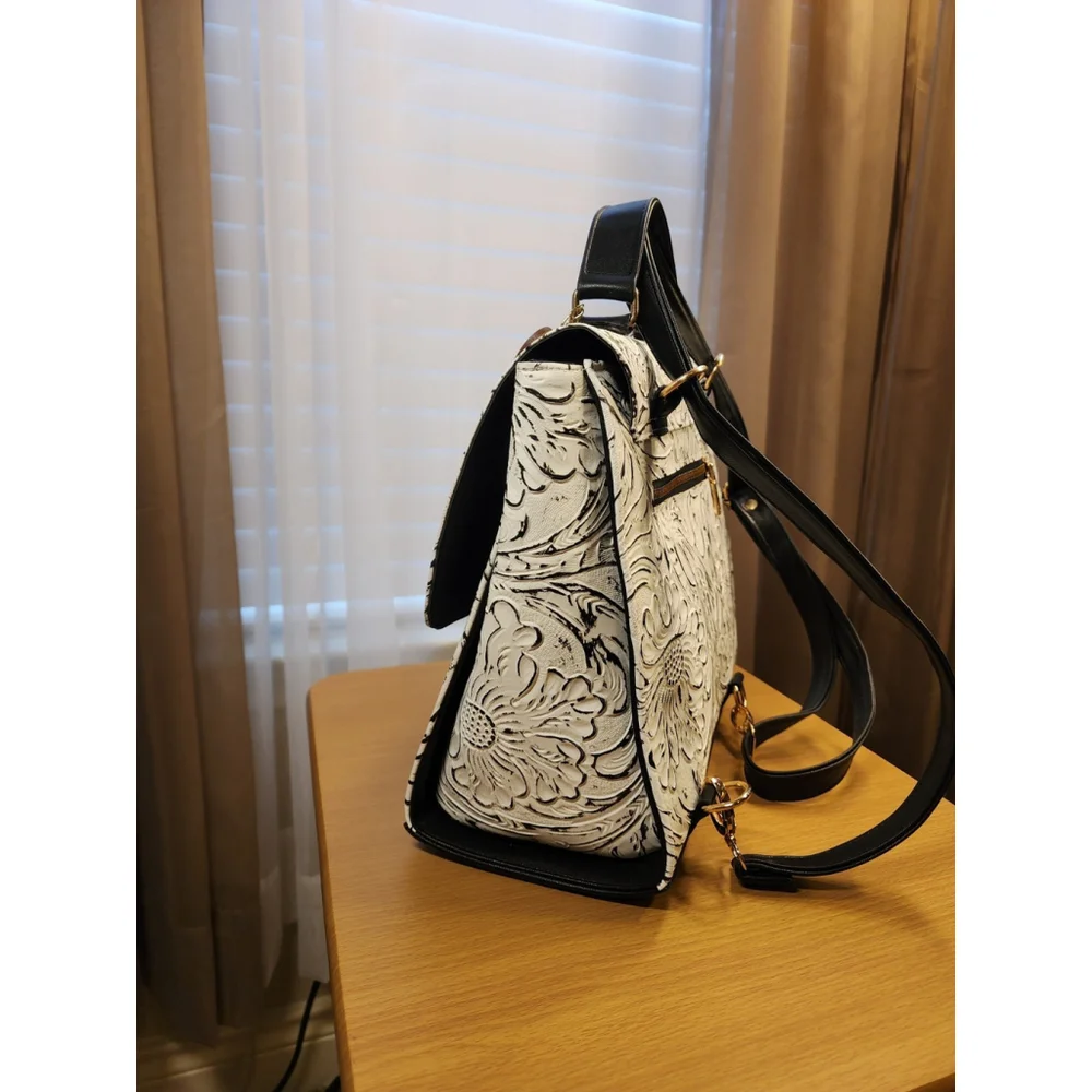 LEATHER White & Black BACKPACK Embossed Tooled Artisan Shoulder Bag Purse Hobo